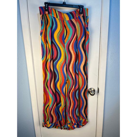 Farm Rio x Anthropologie Pants Large High Rise Striped Rainbow Wide Leg - Picture 2 of 10